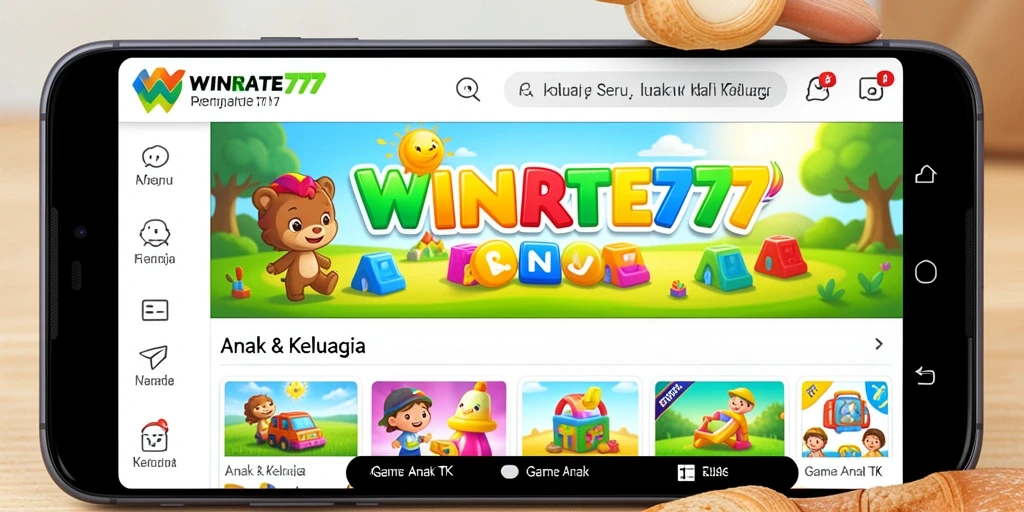 Screenshot aplikasi WINRATE777 menampilkan antarmuka permainan edukatif yang ceria dan menarik.